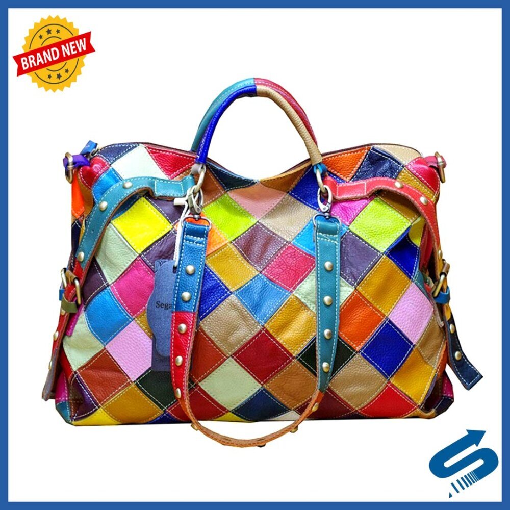 Genuine Leather Tote Handbag with Detachable Strap, Multiple Pockets